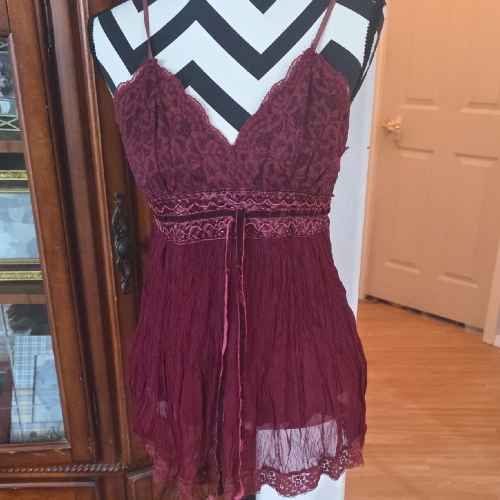 Burgundy Lace Trim Babydoll Top